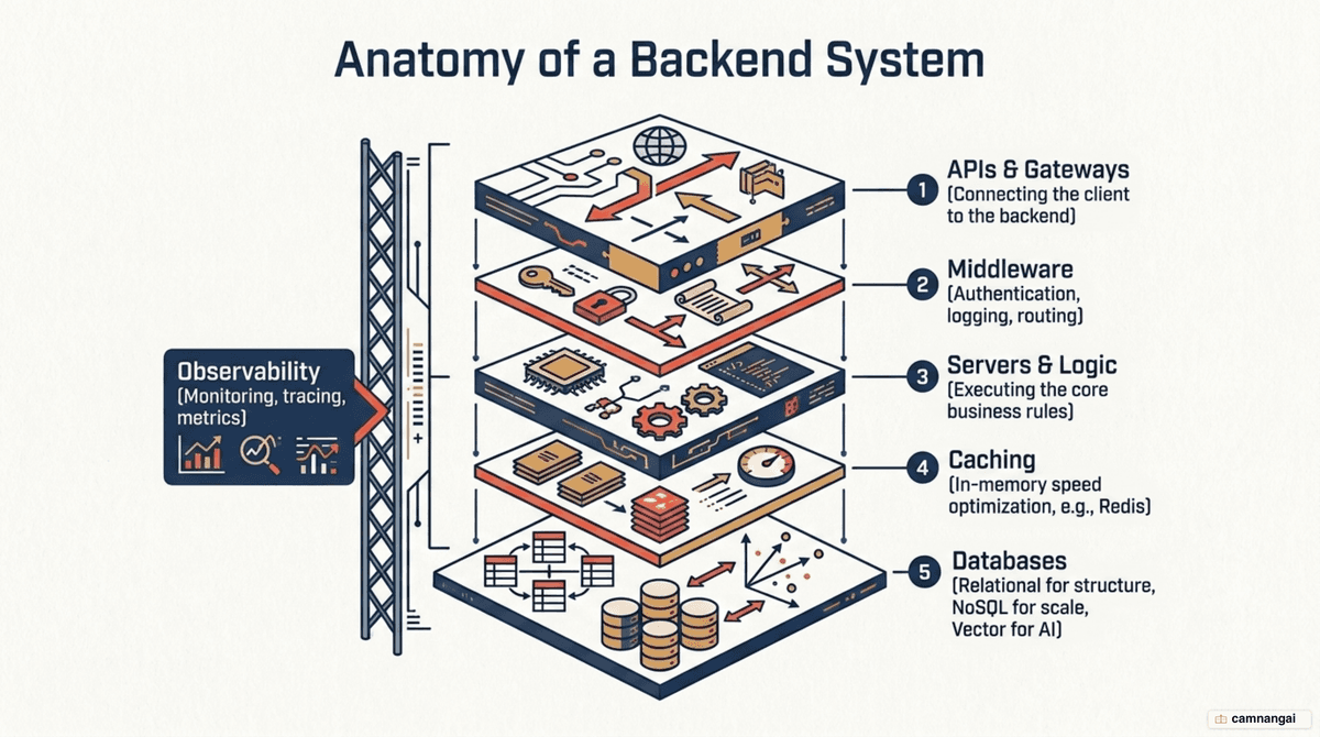 The core components of a back-end system: servers, relational, NoSQL and vector databases, APIs, middleware, caching and observability