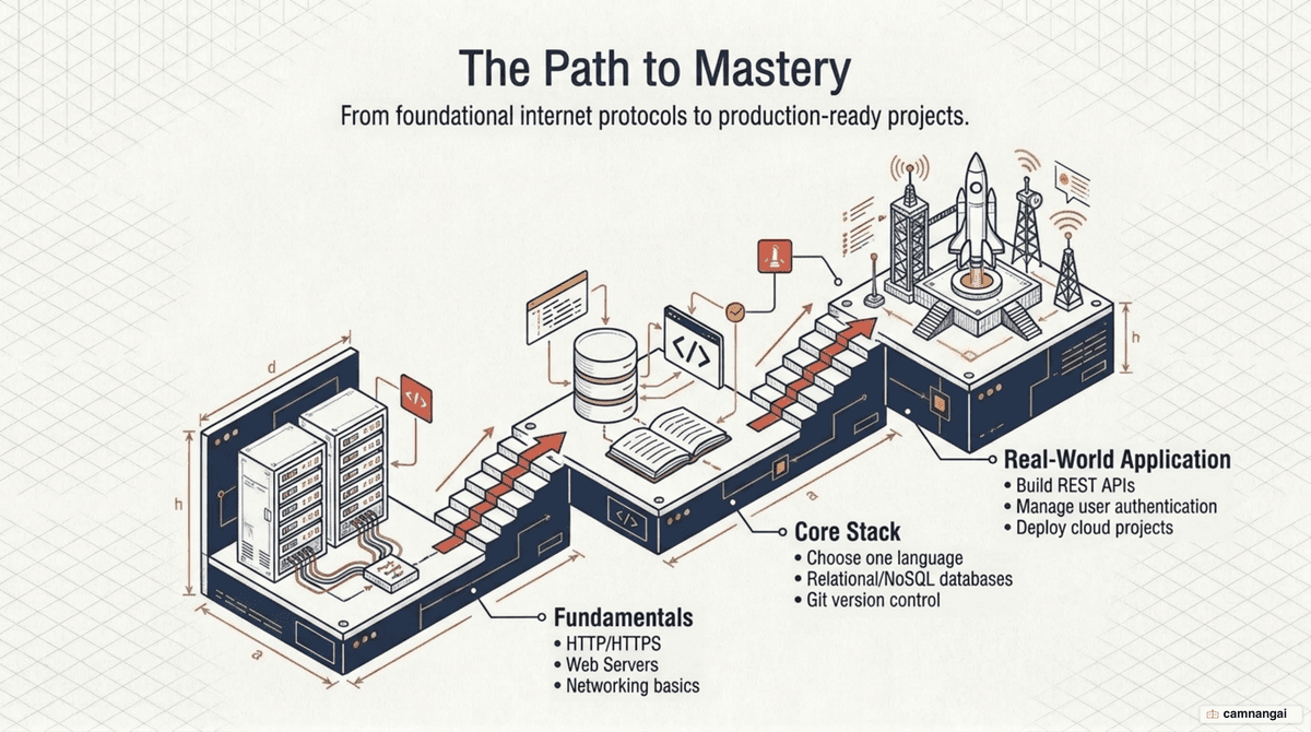 The back-end learning path: web server fundamentals, then a core language with databases and Git, then real projects