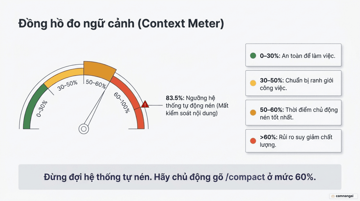 Đồng hồ đo ngữ cảnh theo vùng màu — Xanh, Vàng, Cam (nén ở khoảng 60%) và Đỏ — so với ngưỡng tự động nén khoảng 83%.