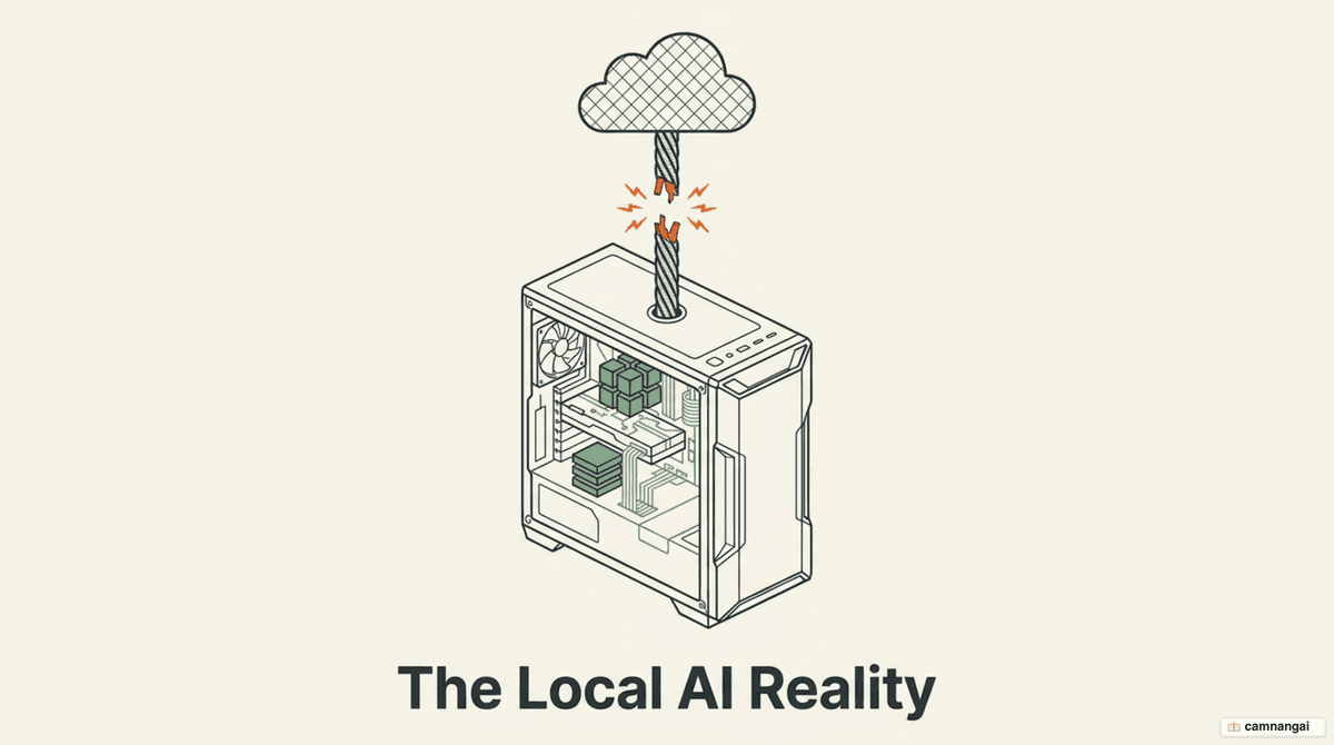A personal computer running an AI model on its own hardware, with the data staying inside the machine instead of travelling to the cloud