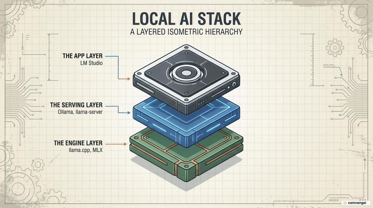 The three stacked layers of a local AI system: the engine layer with llama.cpp and MLX, the app layer with LM Studio, and the serving layer with Ollama and llama-server