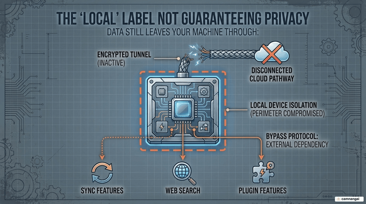 The word "local" no longer guaranteeing privacy: some data still leaves the machine through cloud features such as sync, web search and plugins