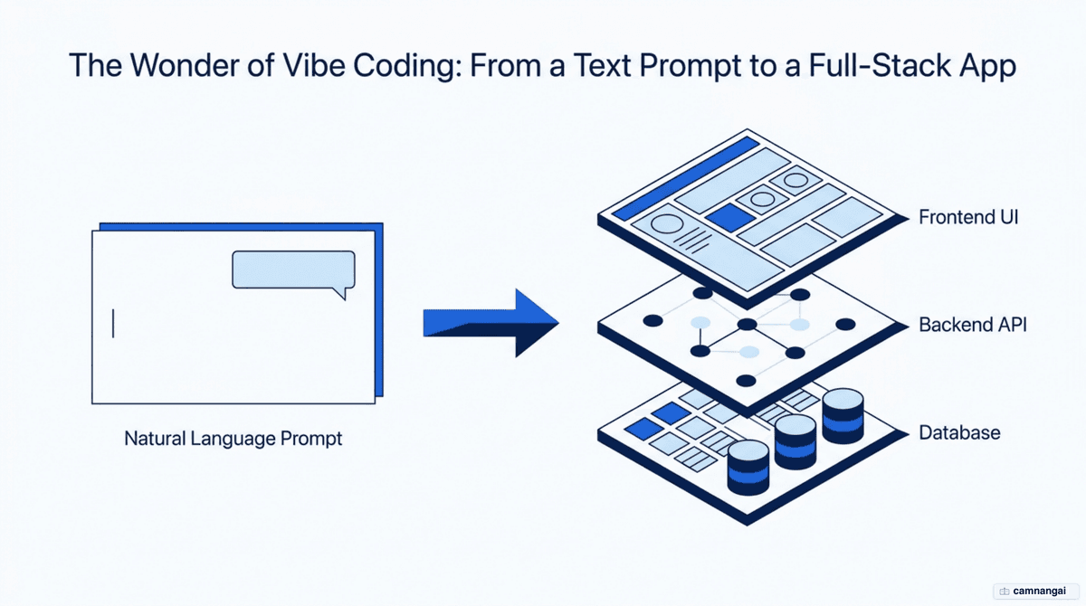 Illustration: from a single text prompt, Lovable builds a layered full-stack app made of interface, logic, and database