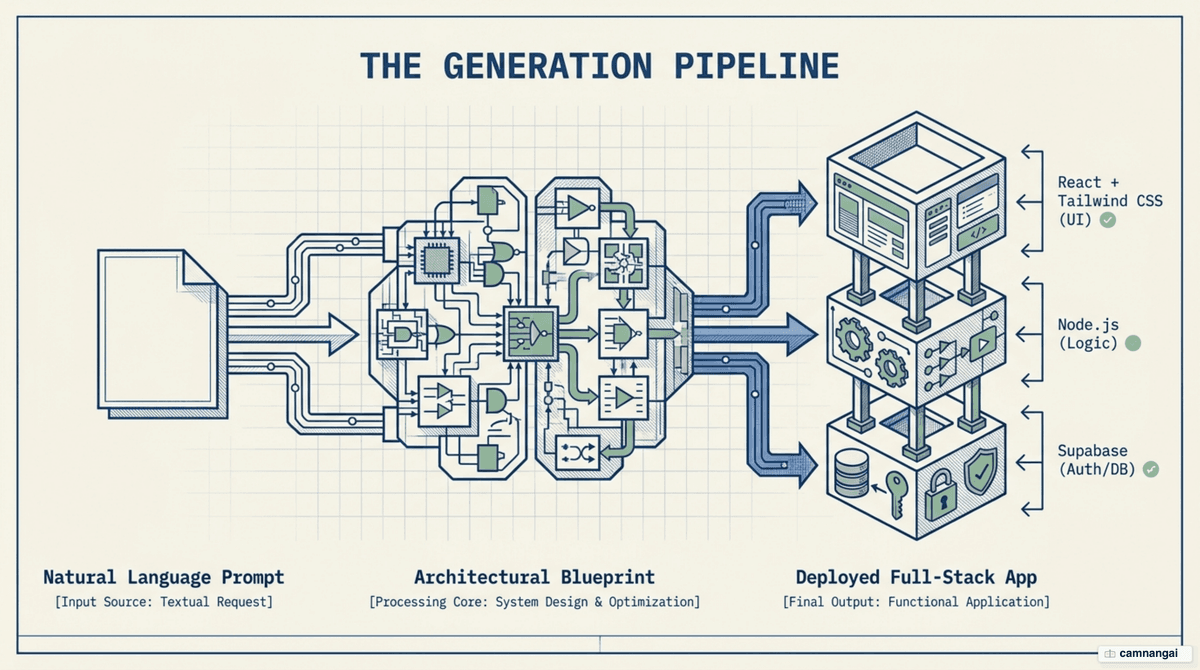 Diagram of the Lovable pipeline: a natural-language prompt becomes an architectural blueprint and then a deployed full-stack app on React and Supabase