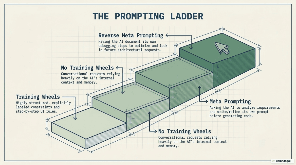 The four levels of prompting for Lovable, rising from Training Wheels to No Training Wheels, Meta Prompting, and Reverse Meta Prompting