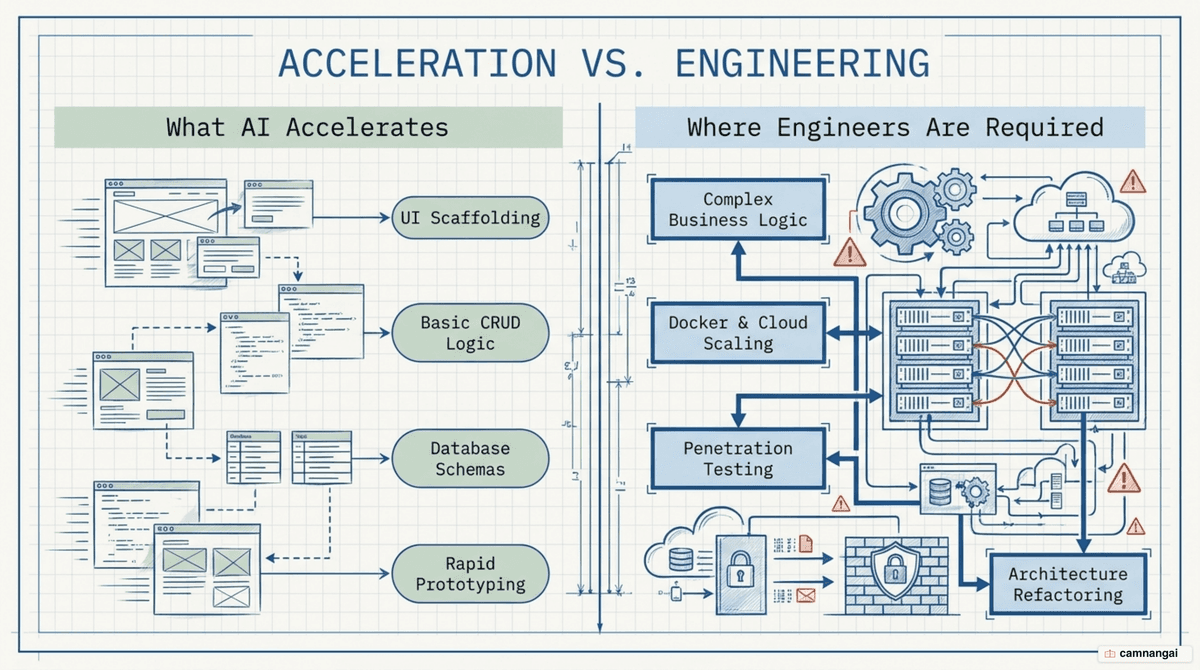 Comparison: what Lovable accelerates such as UI scaffolding, CRUD, and prototypes, versus where engineers are still required such as complex logic, scaling, and security