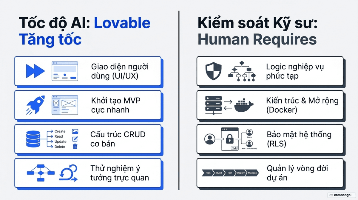 So sánh hai phía: những gì Lovable tăng tốc như UI, CRUD và prototype, đối lập với những gì vẫn cần kỹ sư kiểm soát như logic phức tạp, kiến trúc và bảo mật