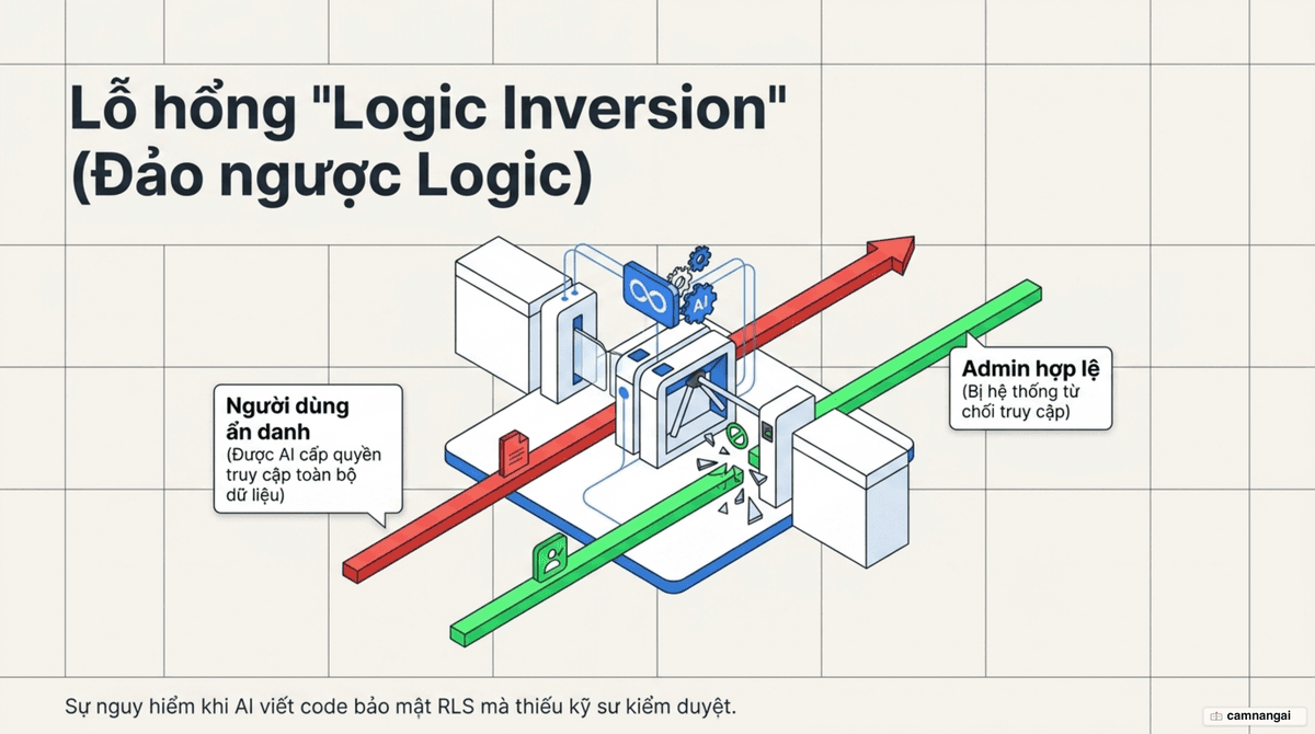 Minh hoạ lỗi logic inversion: hàng rào RLS chặn nhầm admin hợp lệ nhưng lại mở cho người dùng ẩn danh truy cập toàn bộ dữ liệu