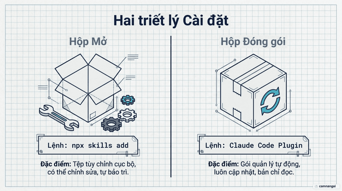 Hai cách cài đặt: npx skills add cho tệp chỉnh sửa được và plugin Claude Code cho bản quản lý tự cập nhật