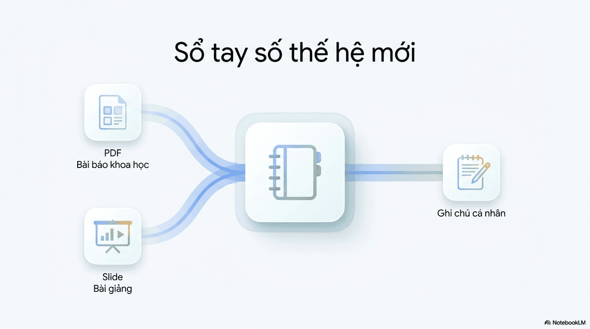 Các nguồn tài liệu như PDF, slide bài giảng và ghi chú cá nhân hội tụ vào một cuốn sổ tay số NotebookLM.