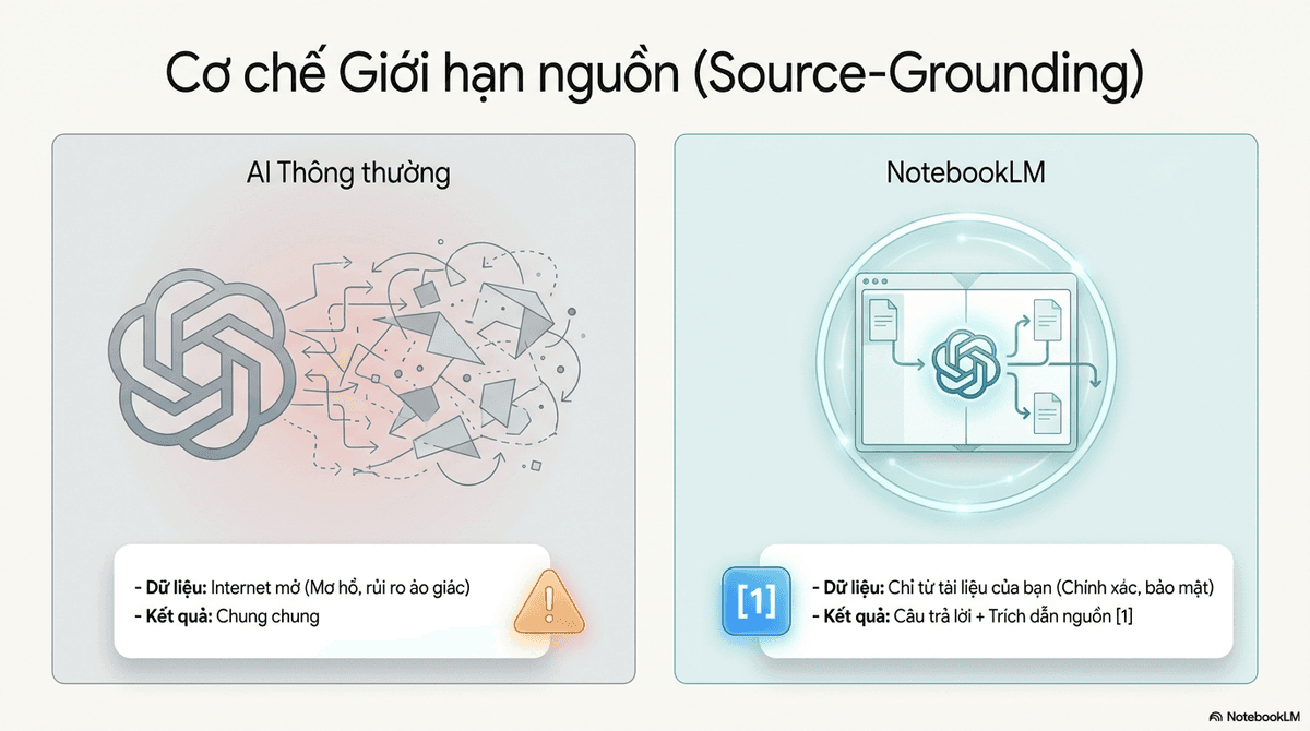 So sánh AI thông thường lấy dữ liệu từ internet mở với NotebookLM chỉ trả lời dựa trên tài liệu bạn tải lên kèm trích dẫn nguồn.
