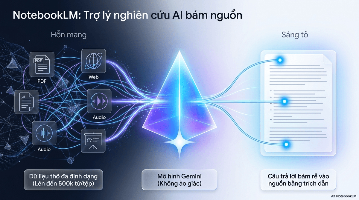 Minh hoạ NotebookLM như một trợ lý nghiên cứu AI bám nguồn: tài liệu của bạn được chuyển thành câu trả lời kèm trích dẫn