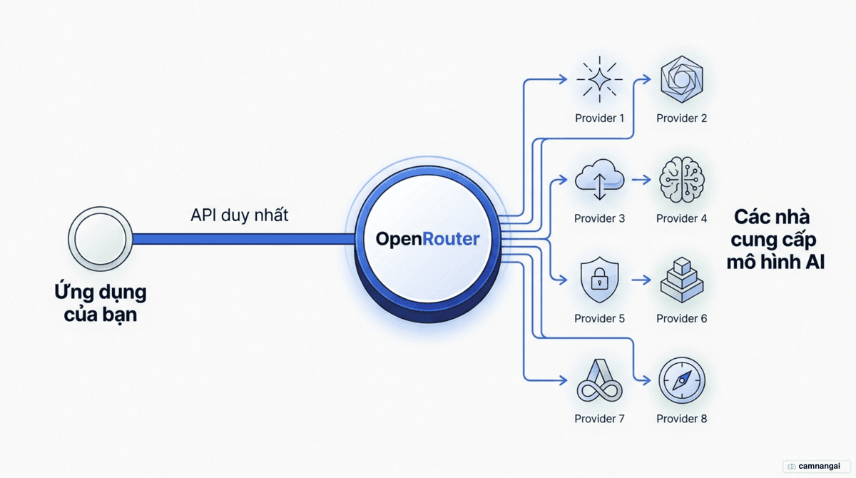 Minh hoạ OpenRouter như một cổng kết nối: nhiều nhà cung cấp mô hình AI ở một bên, ứng dụng của bạn ở bên kia, nối với nhau qua một API duy nhất