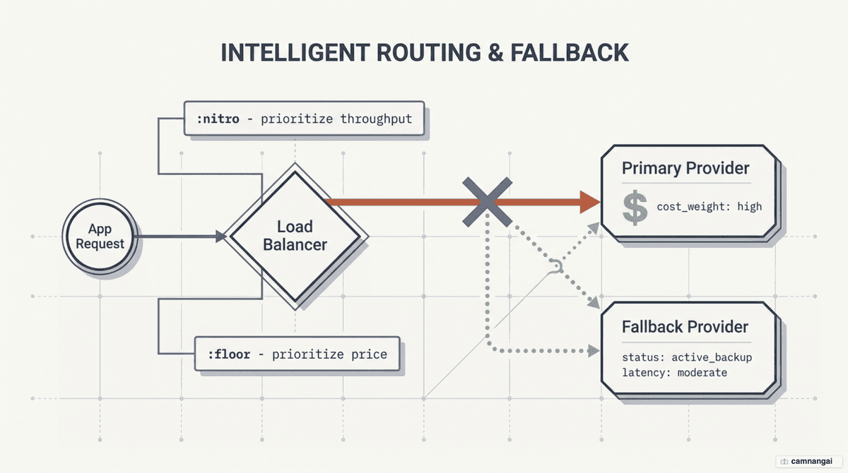 Diagram of a request's path: from your application into OpenRouter, load-balanced across providers by price, then falling back to the next model when the primary provider fails