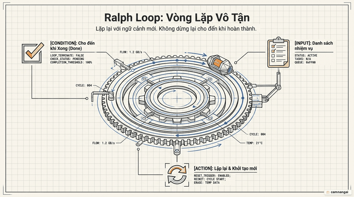 Ảnh bìa: một AI agent chạy lặp đi lặp lại trong vòng lặp Ralph, mỗi vòng khởi tạo ngữ cảnh mới cho đến khi hoàn thành nhiệm vụ