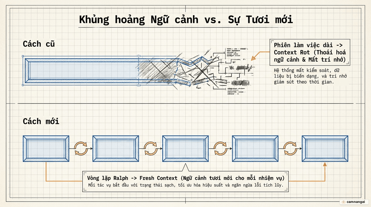 So sánh một phiên làm việc dài bị thối rữa ngữ cảnh với vòng lặp Ralph khởi tạo ngữ cảnh mới cho mỗi nhiệm vụ