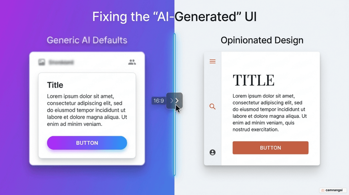 Cover: a generic AI-generated UI with the Inter font, purple gradients, and nested cards, transformed into an opinionated, tasteful interface by Claude Code design skills