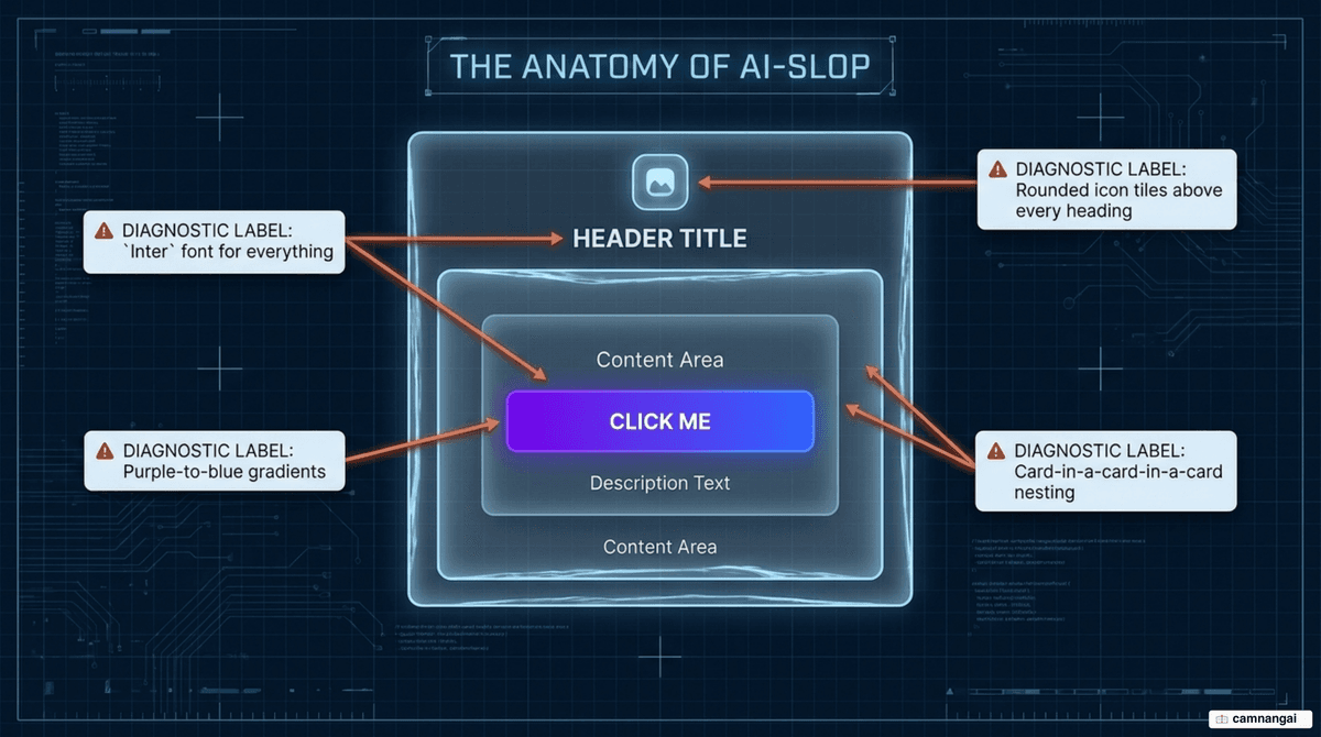 The tell-tale signals of AI-generated UI: the Inter font, purple-blue gradients, card-in-card nesting, and rounded icon tiles above every heading