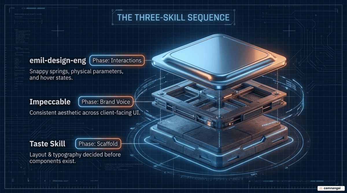 The sequencing of the three skills: Taste Skill scaffolds, then Impeccable holds the brand voice, and finally emil-design-eng refines the interactions