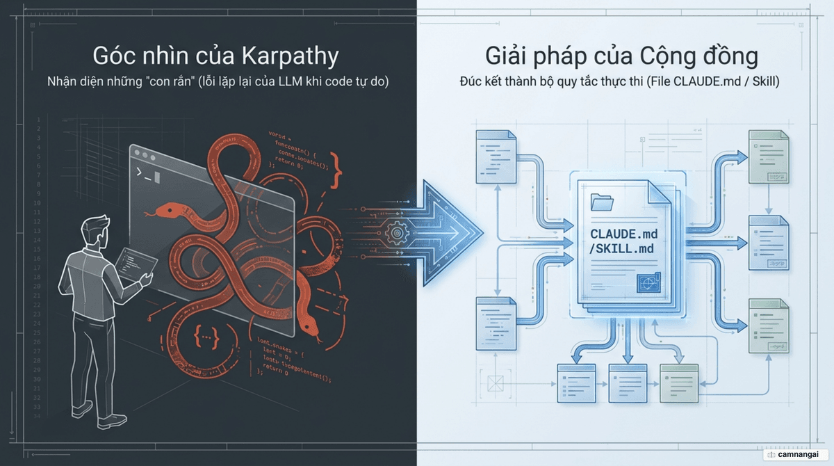 Karpathy quan sát các lỗi lặp lại của LLM, cộng đồng đúc kết thành một file CLAUDE.md và skill karpathy-guidelines