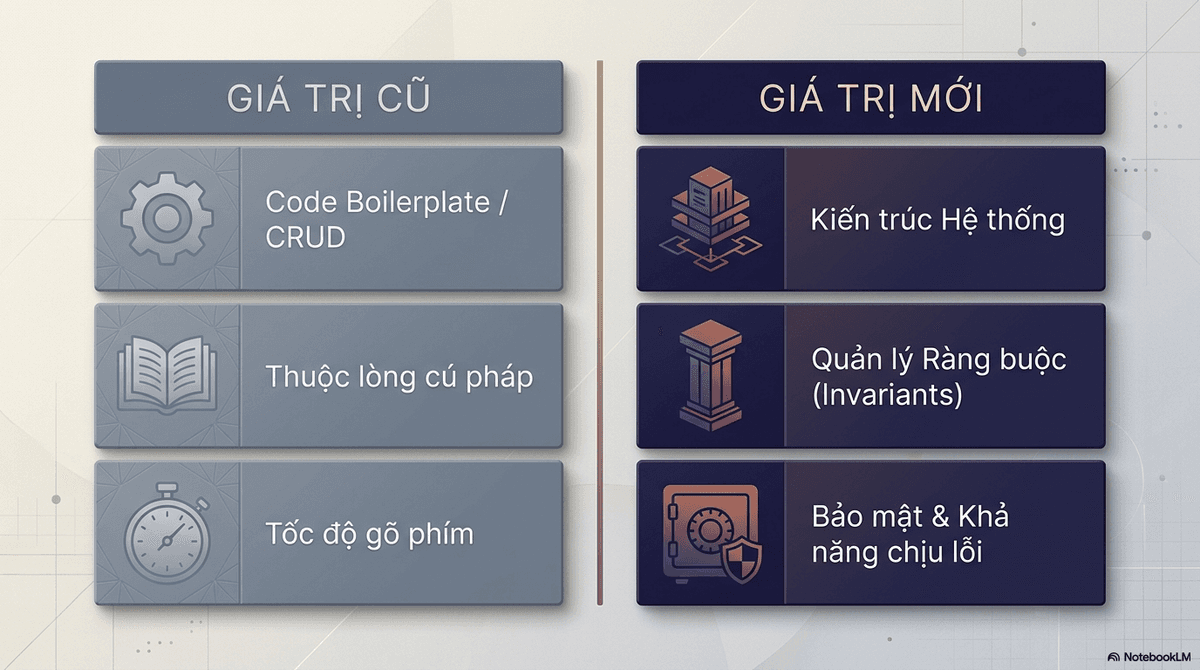 So sánh giá trị cũ và giá trị mới của kỹ sư: bên trái là code boilerplate/CRUD, thuộc lòng cú pháp, tốc độ gõ phím; bên phải là kiến trúc hệ thống, quản lý ràng buộc (invariant), bảo mật và khả năng chịu lỗi