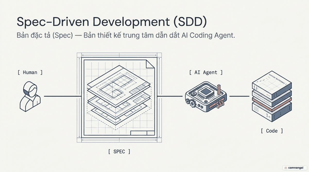 Bản đặc tả (spec) đóng vai trò bản thiết kế trung tâm, dẫn dắt AI coding agent sinh code cho một dự án phần mềm.