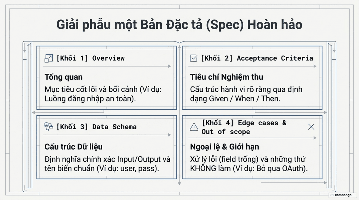 Bốn phần cốt lõi của một bản spec tốt: Overview, Acceptance Criteria, Data Schema, Edge cases và Out of scope.