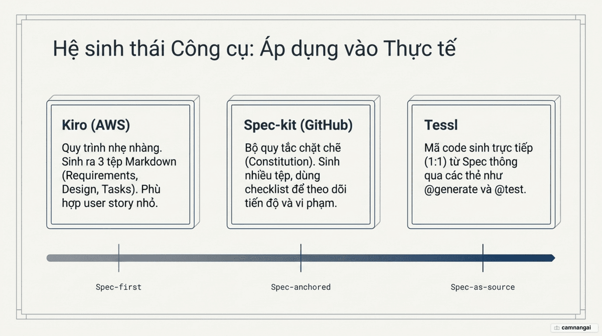 Ba công cụ spec-driven development đặt trên dải từ spec-first tới spec-as-source: Kiro, Spec-kit và Tessl.