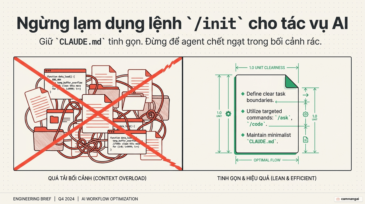 Ảnh bìa: lời khuyên ngừng dùng lệnh /init và giữ file CLAUDE.md tinh gọn thay vì để nó phình to vì nội dung tự sinh.
