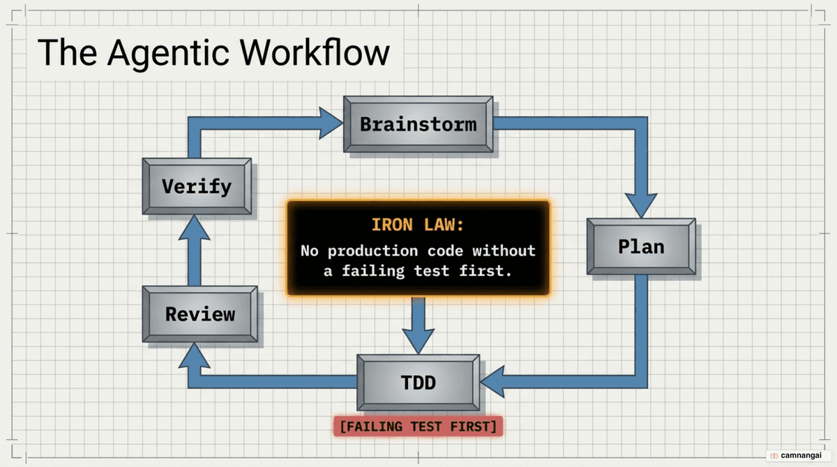 The Superpowers workflow cycle: brainstorm, plan, TDD, review, verify