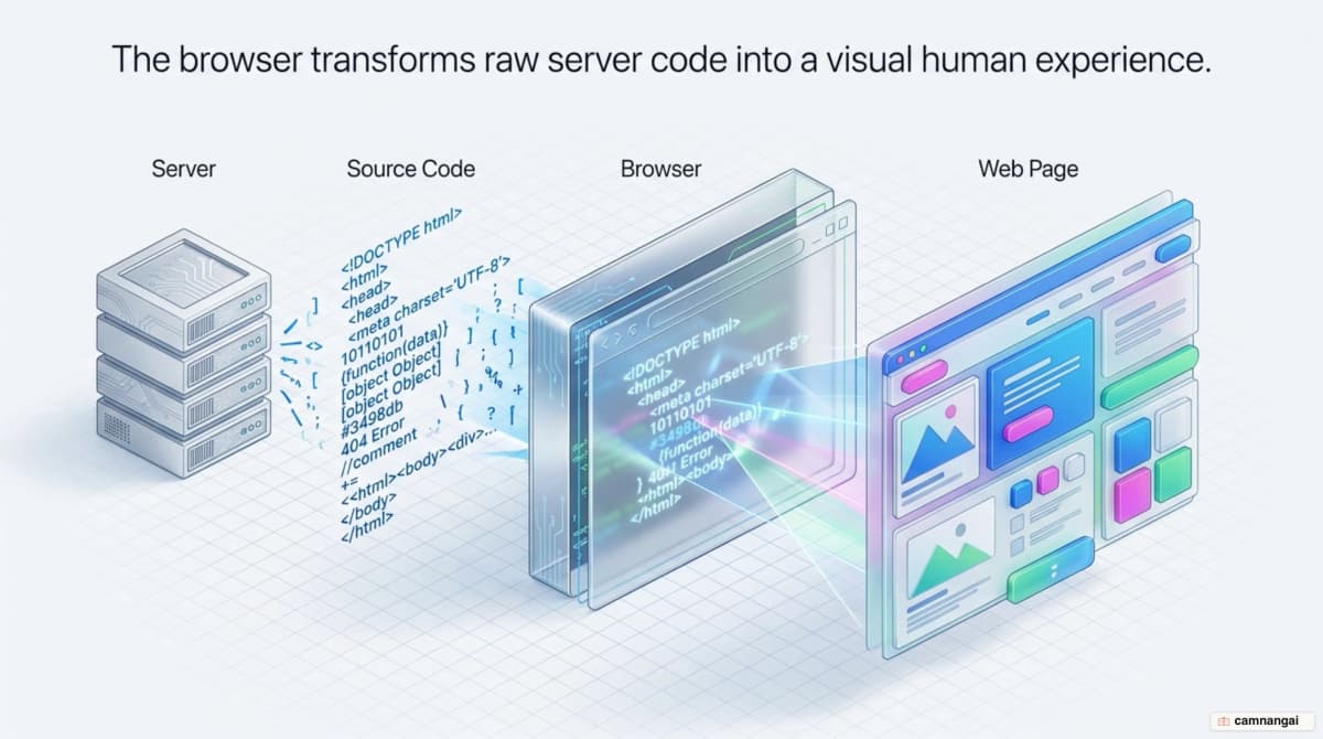 A web browser taking source code downloaded from a server and building it into a rendered web page on screen