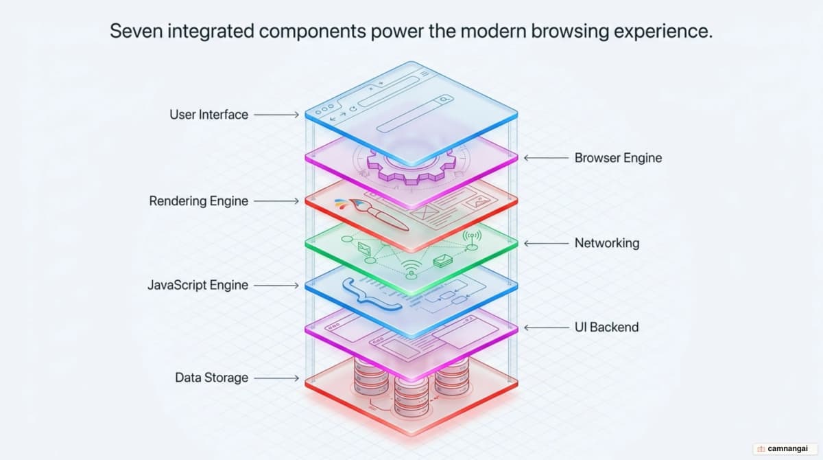 The seven components inside a browser arranged as layers: user interface, browser engine, rendering engine, networking, JavaScript engine, UI backend and data storage