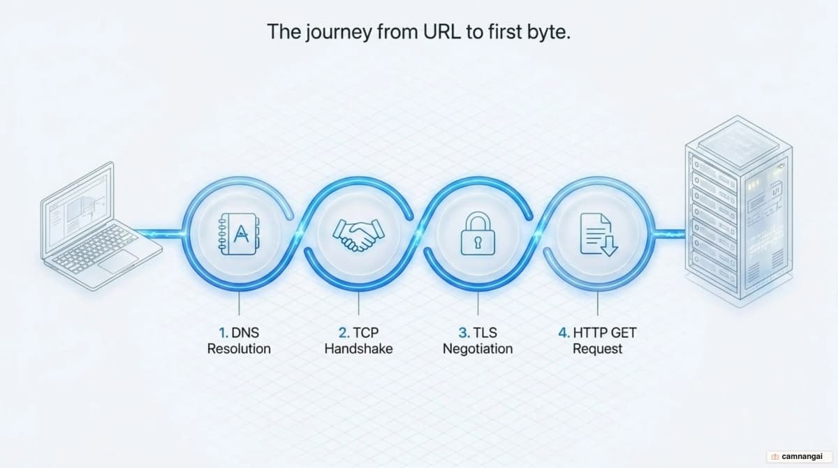 The journey from typing a URL to the first byte: DNS resolution, the TCP three-way handshake, TLS negotiation, then the HTTP request
