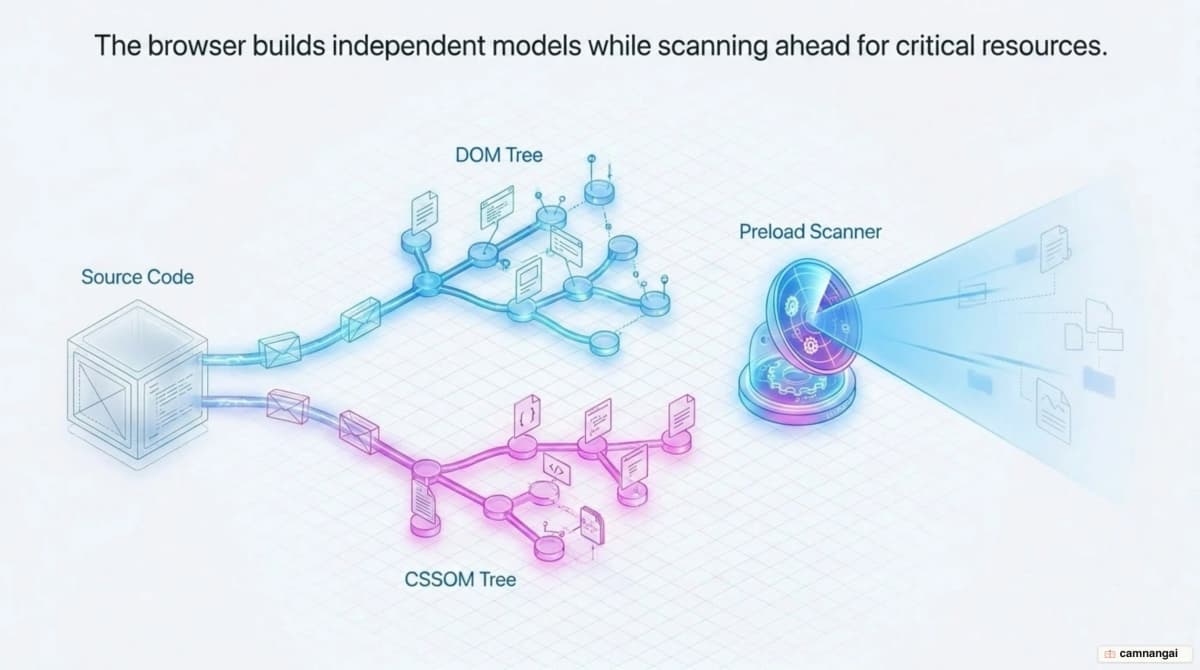 The browser reading HTML and CSS in parallel into two separate trees, the DOM and the CSSOM, while the preload scanner runs ahead to fetch high-priority resources early