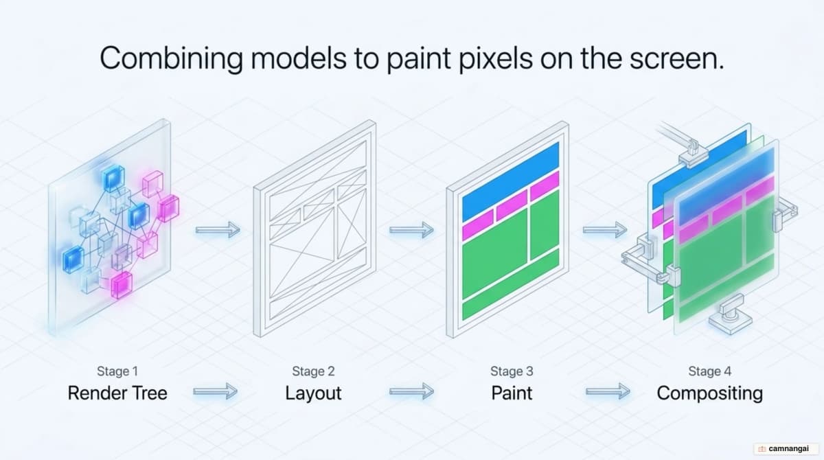The path from the DOM tree to pixels on screen: Render Tree, Layout, Paint, then Compositing