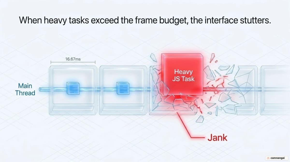 The single main thread and the 16.67ms budget per frame: one heavy task blocks the thread and the page janks