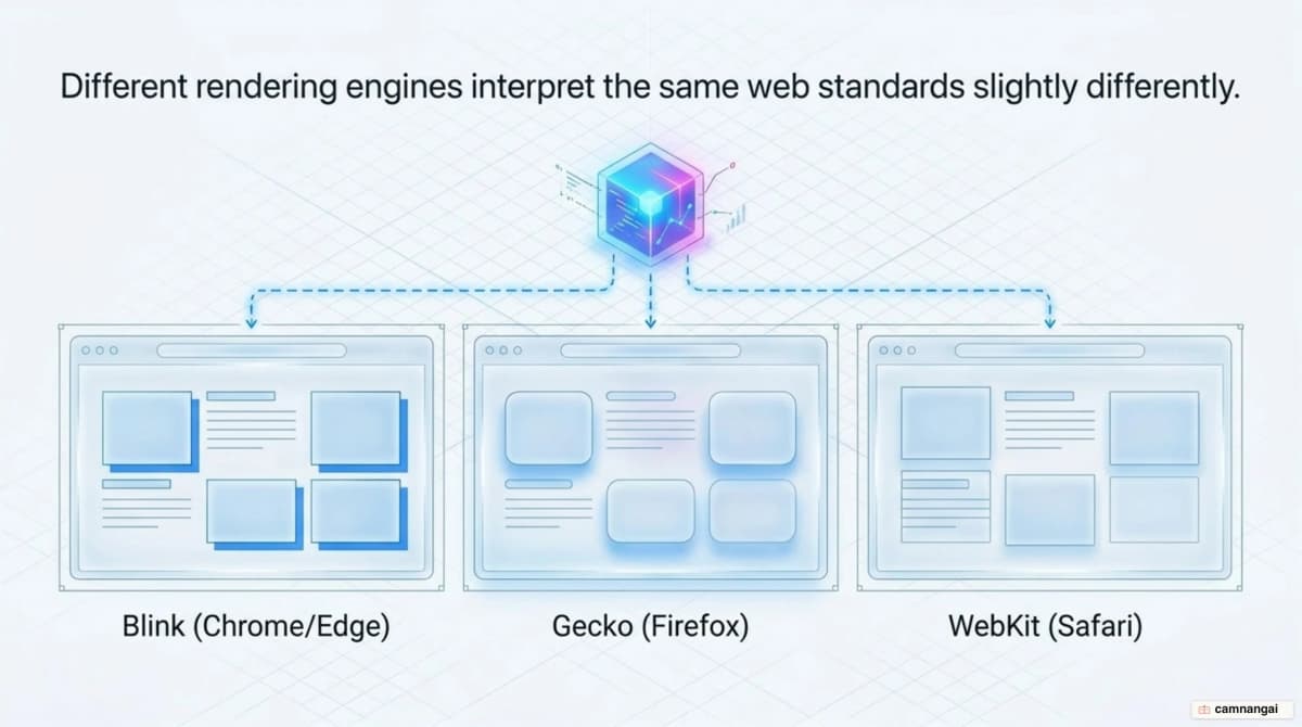 Three rendering engines, Blink, Gecko and WebKit, interpreting the same page differently