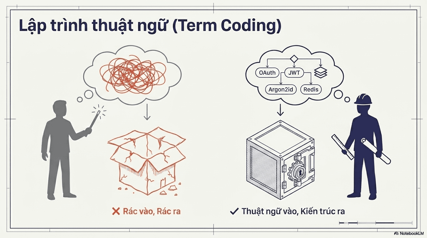 So sánh hai cách ra lệnh cho AI: người nghiệp dư đưa yêu cầu mơ hồ ("rác vào, rác ra") nhận về một chiếc hộp rỗng, còn chuyên gia dùng thuật ngữ chính xác như Argon2id, JWT, Redis để nhận về một két sắt an toàn.