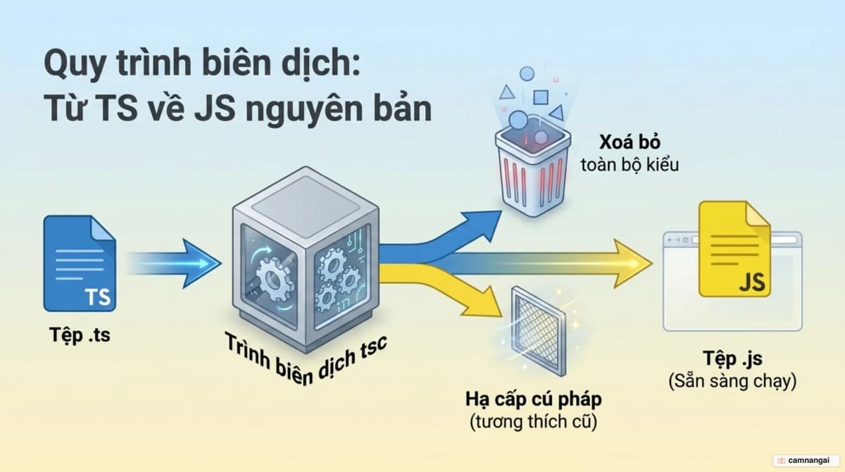 Quy trình biên dịch: file .ts đi qua tsc, bị xoá phần kiểu và hạ cấp cú pháp, thành file .js chạy được