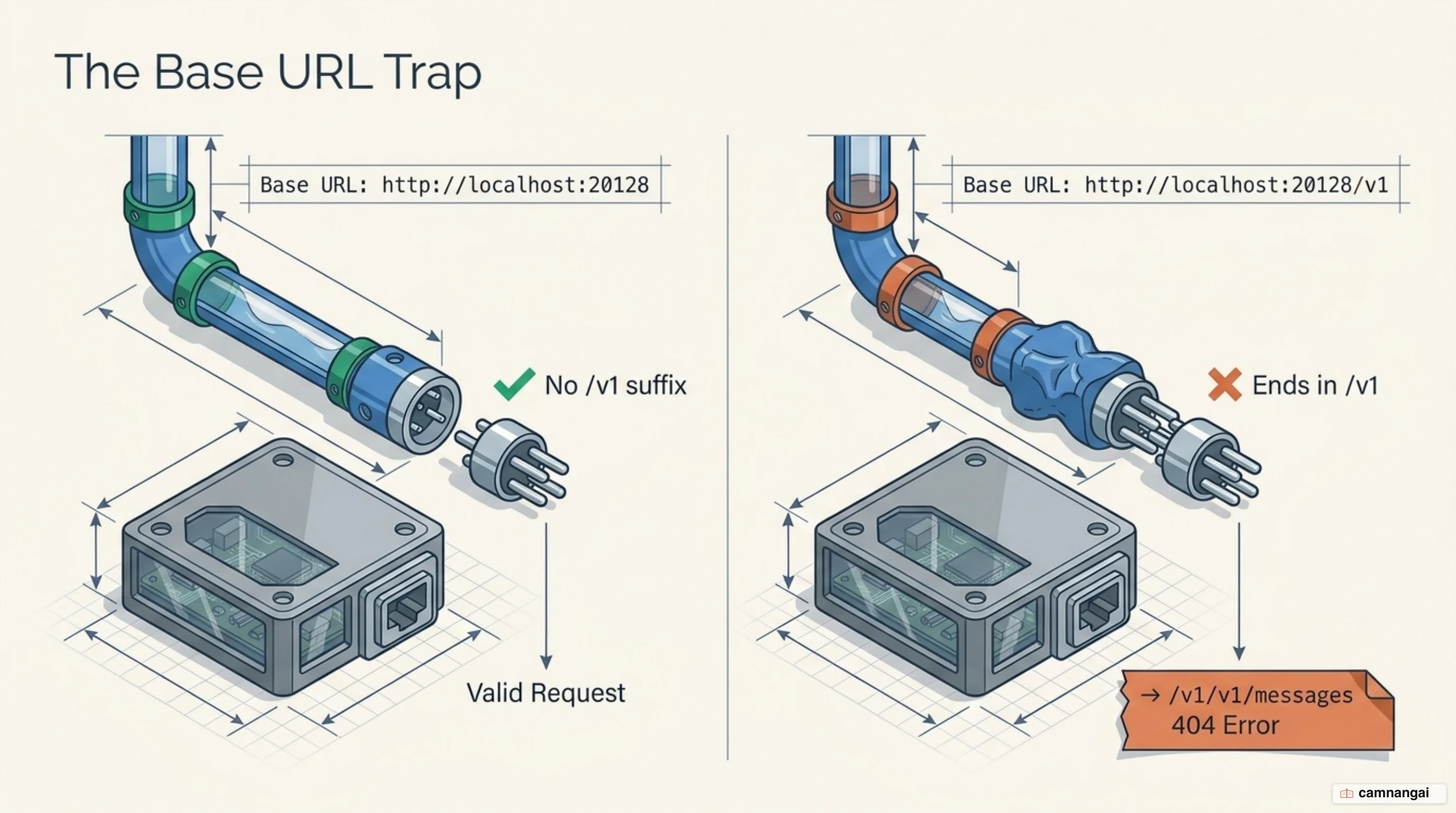 A right-versus-wrong comparison of the base URL: without the /v1 suffix the request resolves correctly, while a base URL ending in /v1 produces the doubled path /v1/v1/messages and a 404