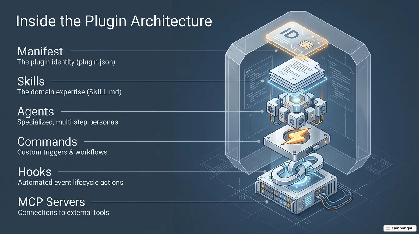A plugin package containing its six components: manifest, skills, commands, agents, hooks, and MCP servers