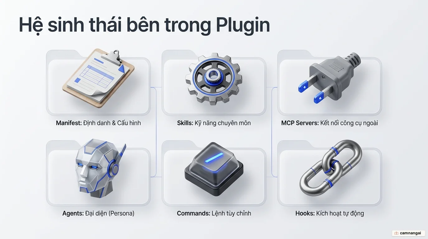 Hộp plugin chứa sáu thành phần: manifest, skills, commands, agents, hooks và MCP servers