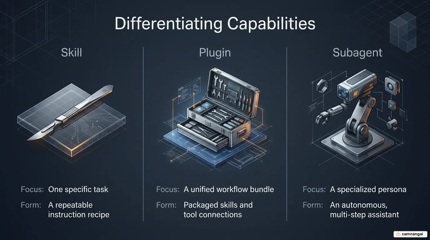 Comparison of three concepts: a skill is one repeatable task, a plugin bundles many skills and tools, a subagent is a specialized persona