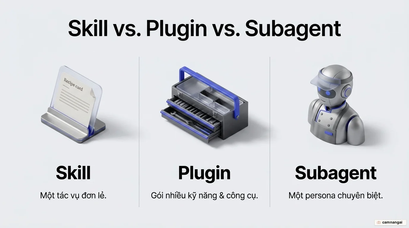 So sánh ba khái niệm: skill là một tác vụ đơn lẻ, plugin là gói nhiều skill và công cụ, subagent là một persona chuyên biệt
