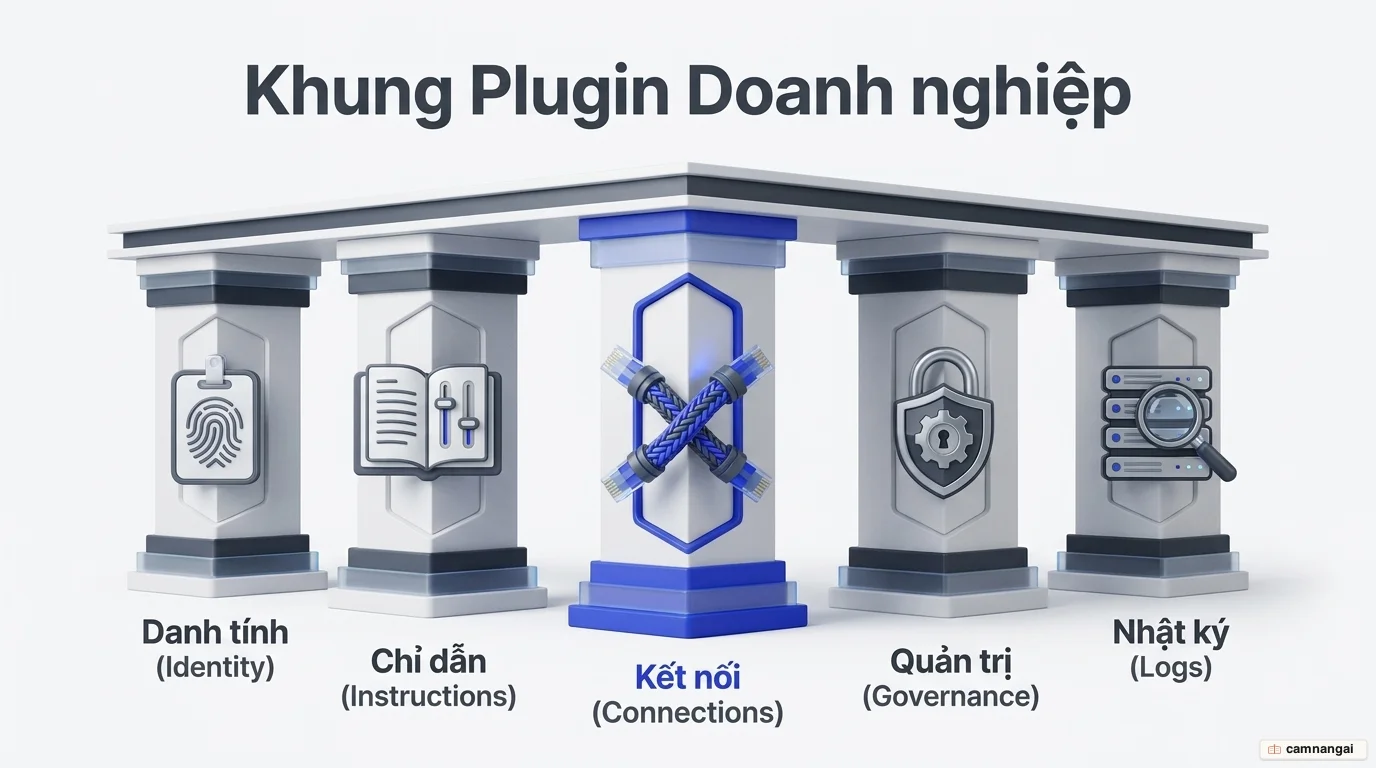 Năm thuộc tính đánh giá plugin doanh nghiệp: danh tính, chỉ dẫn, kết nối, quản trị và nhật ký