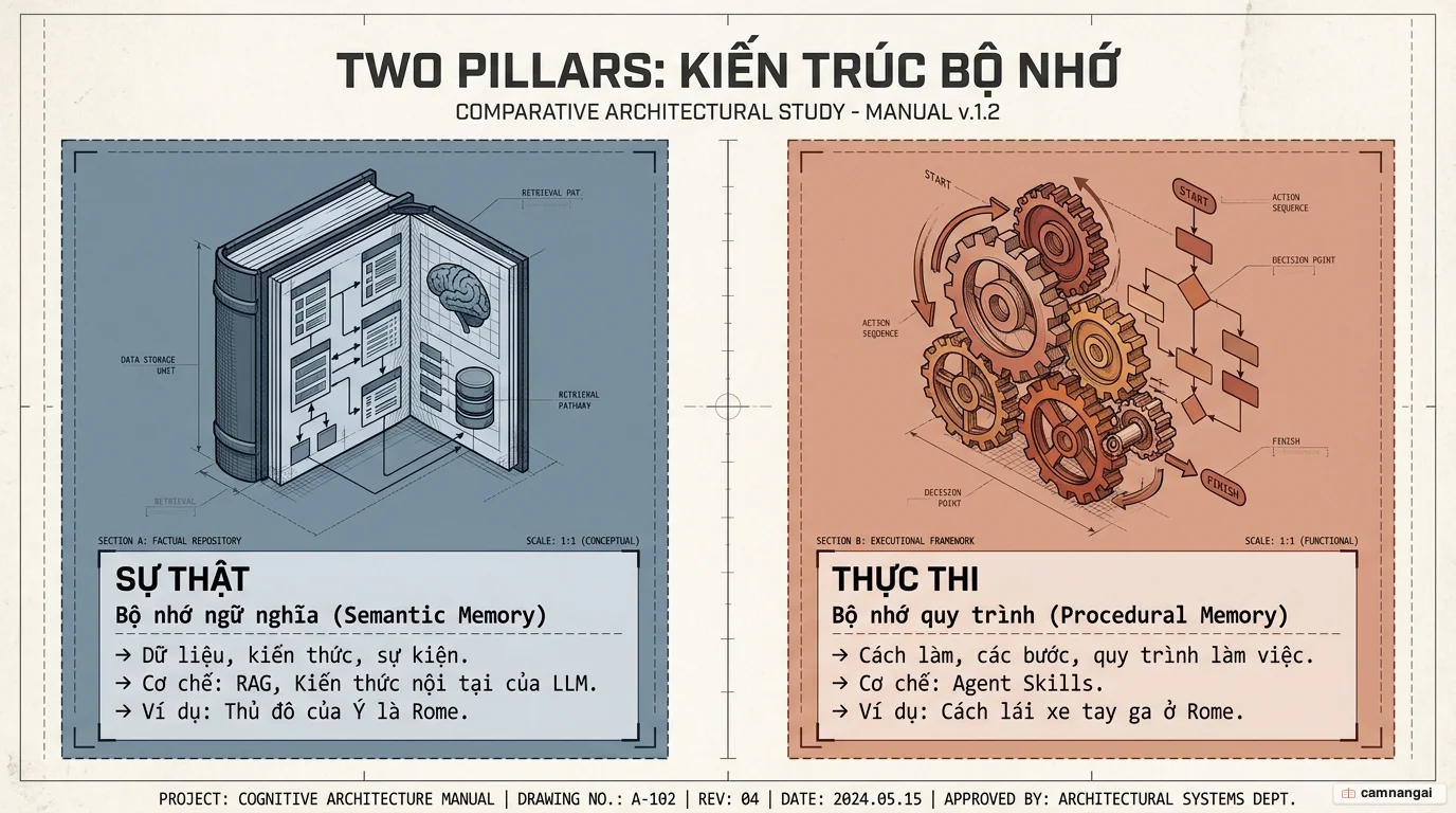 So sánh bộ nhớ ngữ nghĩa (lưu trữ sự thật) với bộ nhớ quy trình (lưu trữ các bước thực thi)