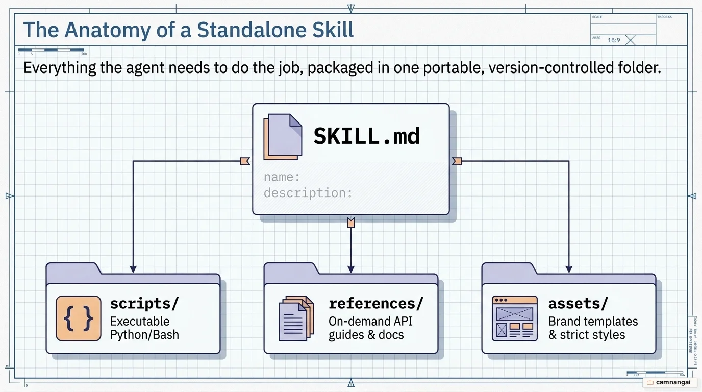 A skill directory with SKILL.md at the center alongside the scripts, references, and assets folders