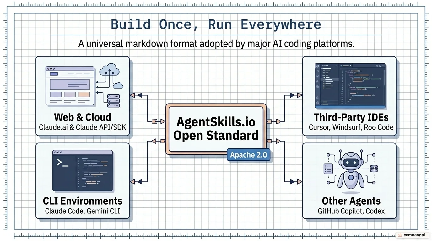 Where Agent Skills run: Claude.ai, Claude Code, the Claude API and SDK, and the cross-platform open standard