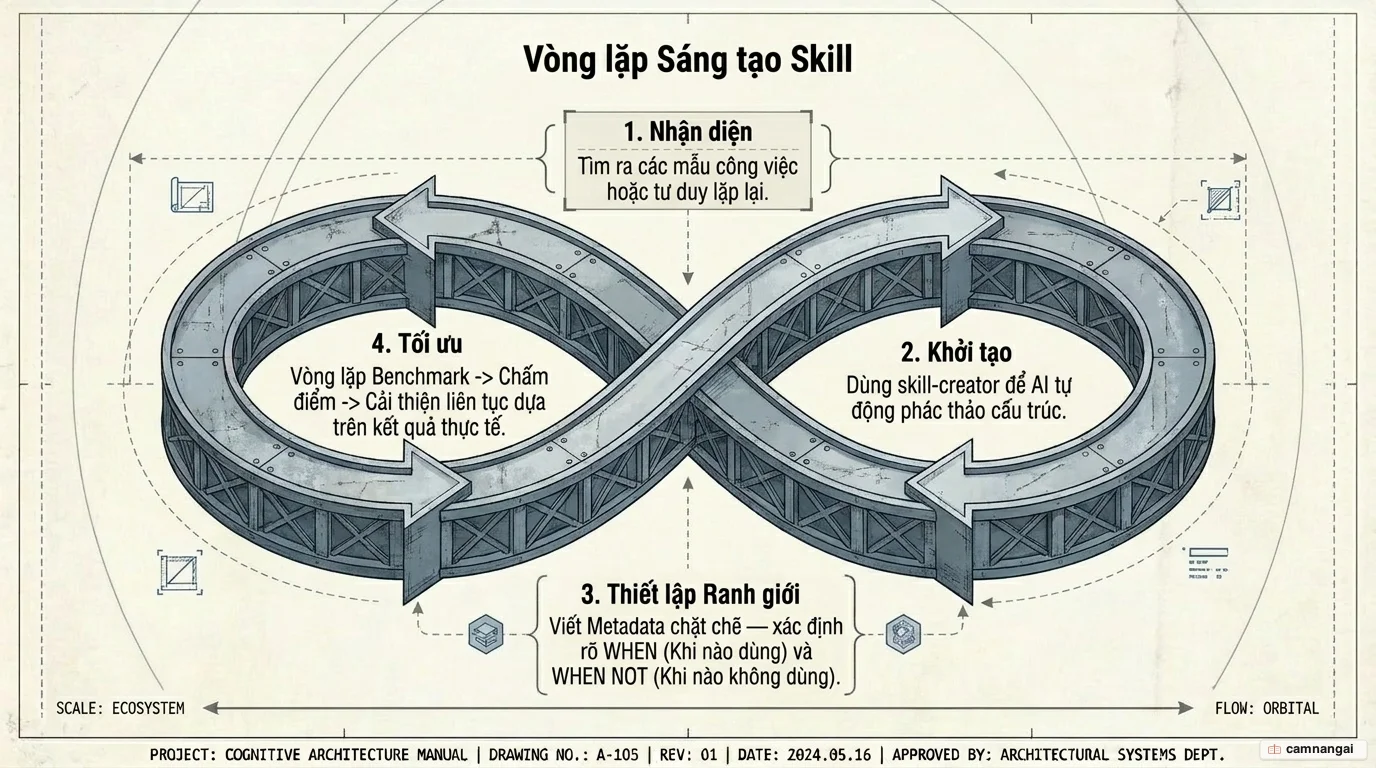 Quy trình tạo Skill: nhận diện mẫu lặp lại, dùng skill-creator, viết mô tả WHEN/WHEN NOT và vòng lặp đánh giá