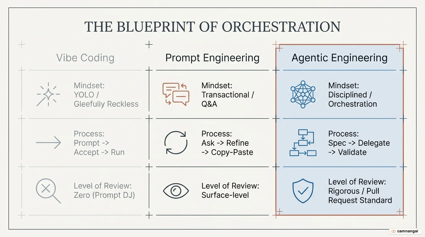 A three-way comparison of AI coding approaches: Vibe Coding, Prompt Engineering and Agentic Engineering, by mindset, process and level of code review.